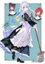 Rule 34 | 3girls, absurdres, ange katrina, animal ears, apron, black dress, black footwear, blue eyes, blue hair, blunt bangs, broom, chibi, chibi inset, commentary, crossed bangs, cup, dog ears, dog tail, dress, english text, fuzichoco, highres, holding, holding broom, holding tray, inui toko, lize helesta, looking at viewer, maid, maid apron, maid headdress, mary janes, multicolored hair, multiple girls, nijisanji, one eye closed, purple eyes, red eyes, red hair, sanbaka (nijisanji), sebastian piyodore, shoes, signature, smile, socks, streaked hair, symbol-only commentary, tail, tray, virtual youtuber, white apron, white socks, yellow bird, yellow eyes