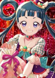 Rule 34 | 1girl, blue hair, blunt bangs, bow, choker, christmas, collared dress, commentary request, dress, earrings, flower, frilled sleeves, frills, green choker, grin, hair rings, hat, heart, heart earrings, highres, hizuki (hiduki6121), holding, holding sack, jewelry, kiratto pri chan, long hair, looking at viewer, melpan (pri chan), mini hat, open mouth, pink flower, pink rose, pretty series, puffy short sleeves, puffy sleeves, purple eyes, red background, red bow, rose, sack, short sleeves, smile, solo, star-shaped pupils, star (symbol), symbol-shaped pupils