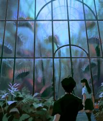 Rule 34 | ahoge, black hair, black shirt, black skirt, black thighhighs, closed mouth, greenhouse, highres, holding, holding hands, holding watering can, horror (theme), looking at another, lunarelles, original, oversized plant, painterly, plant, shirt, skirt, smile, t-shirt, thighhighs, transparent, twitter username, venus flytrap, walking, watering can