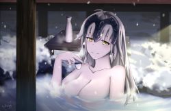 Rule 34 | artist name, bottle, breasts, chyt, cleavage, fate (series), headpiece, highres, jeanne d&#039;arc (fate), jeanne d&#039;arc (ruler) (fate), jeanne d&#039;arc alter (avenger) (fate), jeanne d&#039;arc alter (fate), large breasts, long hair, looking at viewer, onsen, rock, sake bottle, smile, snow, solo, steam, yellow eyes