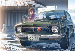 Rule 34 | 1girl, brown eyes, brown hair, building, car, daito, jacket, license plate, long sleeves, looking at viewer, looking back, motor vehicle, original, outdoors, parted lips, red jacket, rope, shimenawa, short hair, snow, snowman, solo, standing, toyota, toyota sprinter trueno, vehicle focus, vehicle request