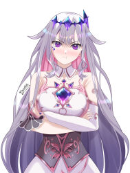 Rule 34 | 1girl, :i, arms under breasts, black corset, blush, bridal gauntlets, chest jewel, collar, colored inner hair, corset, crossed arms, detached collar, dress, grey hair, highres, hololive, hololive english, koseki bijou, koseki bijou (1st costume), long hair, looking at viewer, multicolored hair, pink hair, pluv hill, puffy cheeks, purple eyes, single bridal gauntlet, solo, virtual youtuber, white bridal gauntlets, white collar, white dress