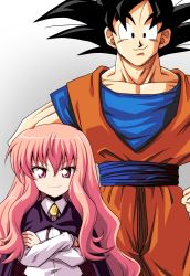 Rule 34 | 1boy, 1girl, black eyes, black hair, cape, crossed arms, crossover, dougi, dragon ball, dragonball z, eyebrows hidden by hair, gradient background, hands on own hips, height difference, highres, kamishima kanon, long hair, louise francoise le blanc de la valliere, pink eyes, pink hair, smile, son goku, zero no tsukaima