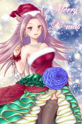 Rule 34 | 10s, 1girl, bare shoulders, breasts, christmas, dress, earrings, frilled dress, frills, hamuhausu, hat, jewelry, jun&#039;you (kancolle), kantai collection, large breasts, long hair, merry christmas, necklace, purple eyes, purple hair, red dress, santa hat, smile, snowflakes, solo, spiked hair, strapless, strapless dress, thighhighs, wrist cuffs