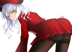 Rule 34 | 1girl, ass, bent over, beret, breasts, caren hortensia, fate/grand order, fate (series), from behind, hat, highres, leaning, leaning forward, long hair, looking at viewer, panties, panties under pantyhose, pantyhose, red skirt, school uniform, sideboob, silver hair, skirt, solo, underwear, yellow eyes, z.m. (zimin)