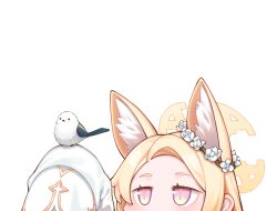 1girl absurdres animal_ears arm_up bird blonde_hair blue_archive elomil flower fox_ears halo highres seia_(blue_archive) simple_background solo white_background