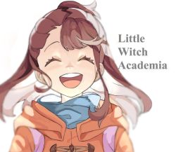 Rule 34 | 10s, 1girl, ^ ^, blue scarf, brown hair, closed eyes, coat, copyright name, duffel coat, english text, happy, highres, jacket, kagari atsuko, little witch academia, open mouth, portrait, round teeth, scarf, sidelocks, simple background, smile, solo, teeth, text focus, upper body, white background, zjz4s