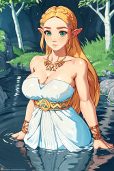 Rule 34 | 1girl, alternate breast size, bare shoulders, blonde hair, blush, braid, breasts, cleavage, dress, grass, green eyes, hair ornament, hairclip, jewelry, large breasts, long hair, looking at viewer, nikichen, nintendo, official alternate costume, parted lips, partially submerged, pointy ears, princess zelda, rock, sidelocks, sleeveless, solo, the legend of zelda, the legend of zelda: breath of the wild, water, wet