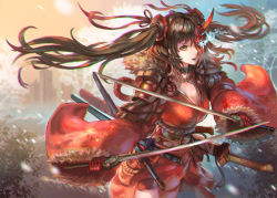 Rule 34 | 1girl, bad id, bad pixiv id, black choker, breasts, brown hair, choker, cleavage, commentary request, cowboy shot, denki, dual wielding, fake horns, hair between eyes, half mask, holding, holding sword, holding weapon, horned headwear, horns, japanese clothes, katana, kimono, large breasts, long hair, long sleeves, looking at viewer, mask, obi, oni mask, original, outdoors, parted lips, red kimono, sash, solo, standing, sword, twintails, weapon, yellow eyes
