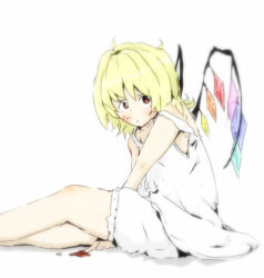 Rule 34 | 1girl, alternate costume, bare shoulders, between legs, blonde hair, bloomers, blush, closed mouth, collarbone, crystal, feet out of frame, flandre scarlet, from side, hand between legs, looking at viewer, medium hair, multicolored wings, n72, nightgown, no headwear, red eyes, simple background, solo, touhou, underwear, white background, white bloomers, white nightgown, wings