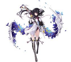 Rule 34 | 1girl, artist request, black hair, blue flower, bone, bone hair ornament, boots, breasts, company name, dress, fingerless gloves, flower, gloves, hair ornament, hand fan, highres, integral killer (phantom of the kill), katana, knee boots, large breasts, masamune (phantom of the kill), official art, petals, phantom of the kill, puffy short sleeves, puffy sleeves, red eyes, sheath, sheathed, short sleeves, skeletal wings, solo, star ornament, sword, thighhighs, transparent background, weapon, white dress, wings