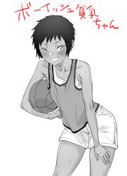Rule 34 | 1girl, ball, bare shoulders, basketball, basketball (object), basketball uniform, black hair, blush, commentary request, cowboy shot, dark-skinned female, dark skin, greyscale, hand on own thigh, highres, holding, holding ball, leaning forward, looking at viewer, monochrome, one eye closed, original, short hair, shorts, sleeveless, smile, solo, sportswear, sweat, tan, tomboy, translation request, very short hair, white background, yakitomato