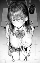 Rule 34 | 1girl, blush, bow, bowtie, breasts, classroom, cleavage, collared shirt, commentary, desk, from above, full body, greyscale, hair between eyes, heartbeat, highres, indoors, kupaa, large breasts, looking at viewer, medium hair, miniskirt, momokumo, monochrome, original, paid reward available, paizuri invitation, parted lips, partially unbuttoned, school desk, school uniform, shirt, shoes, short sleeves, sitting, skirt, solo, sound effects, sweat, tile floor, tiles, translated, wing collar
