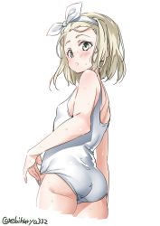 Rule 34 | 1girl, blonde hair, cowboy shot, ebifurya, green eyes, hairband, highres, i-504 (kancolle), kantai collection, luigi torelli (kancolle), one-piece swimsuit, school swimsuit, short hair, simple background, solo, standing, swimsuit, twitter username, white background, white hairband, white school swimsuit, white one-piece swimsuit