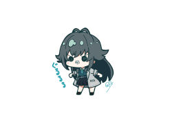 Rule 34 | 1girl, absurdres, angry, antenna hair, black hair, black skirt, black socks, chibi, chibi only, clenched hands, clenched teeth, coat, collared shirt, commentary, full body, gakuen idolmaster, green necktie, green shirt, grey coat, growling, highres, idolmaster, long hair, looking at viewer, necktie, negative space, oofushi ao, pleated skirt, shirt, signature, simple background, skirt, sleeves past elbows, socks, solid circle eyes, solo, teeth, translation request, tsukimura temari, v-shaped eyebrows, white background