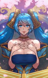 Rule 34 | 1girl, akairiot, bare shoulders, blue dress, blue eyes, blue hair, breasts, cherry blossoms, cleavage, closed mouth, collarbone, dress, falling petals, floating hair, hair ornament, hands on own chest, highres, jewelry, large breasts, league of legends, lips, long hair, looking at viewer, mixed-language commentary, neck ring, off-shoulder dress, off shoulder, petals, solo, sona (league of legends), twintails, upper body, very long hair