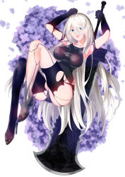 Rule 34 | 1girl, a2 (nier:automata), android, armpits, asymmetrical legwear, bad id, bad pixiv id, bare shoulders, black gloves, black shirt, black thighhighs, blue eyes, breasts, collarbone, colored eyelashes, elbow gloves, full body, gloves, hair between eyes, hands up, high heels, highres, holding, holding sword, holding weapon, huge weapon, joints, knees up, large breasts, long hair, looking at viewer, marie mushroom, mismatched legwear, mole, mole under mouth, nier:automata, nier (series), robot joints, shirt, silver hair, solo, sword, thighhighs, torn clothes, weapon