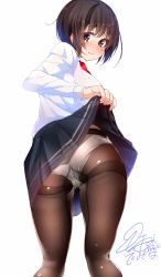 Rule 34 | 1girl, ass, black hair, black pantyhose, blush, cameltoe, clothes lift, from behind, highres, pussy, looking at viewer, looking back, panties, panties under pantyhose, pantyhose, red disappointment, school uniform, short hair, signature, simple background, sketch, skirt, skirt lift, solo, thighs, underwear, white background
