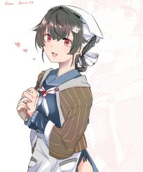Rule 34 | 1girl, apron, bandaid, black hair, blue sailor collar, blush, breasts, brown shawl, hair ornament, heart, japanese clothes, jingei (kancolle), kantai collection, kouga (mutsumi), long sleeves, neckerchief, one-hour drawing challenge, open mouth, red eyes, sailor collar, shawl, simple background, solo, twitter username, whale hair ornament, white apron, white neckerchief