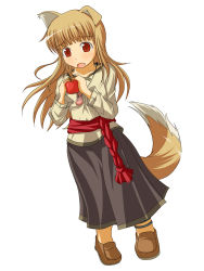 Rule 34 | 00s, animal ears, apple, fang, food, fruit, highres, holo, long hair, mirano, red eyes, solo, spice and wolf, tail, wolf ears, wolf tail
