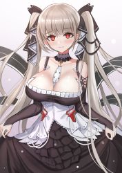 Rule 34 | 1girl, azur lane, between breasts, black dress, breasts, cleavage, closed mouth, detached collar, dress, formidable (azur lane), grey hair, hair ribbon, highres, large breasts, long hair, looking at viewer, red eyes, ribbon, rothy (user cezn8425), smile, solo, twintails, two-tone dress, two-tone ribbon, very long hair, white dress, white ribbon