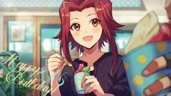 Rule 34 | 1girl, :d, black shirt, blurry, blurry foreground, blush, brown eyes, collarbone, fingerless gloves, gloves, hair intakes, happy birthday, holding, holding spoon, izayoi aki, mikami (mkm0v0), open mouth, red hair, shirt, short hair with long locks, sidelocks, smile, spoon, upper body, yu-gi-oh!, yu-gi-oh! 5d&#039;s