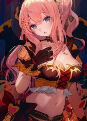 Rule 34 | 1girl, bare shoulders, blue eyes, blush, breasts, cleavage, demon girl, demon horns, halloween costume, highres, horns, large breasts, long hair, looking at viewer, open mouth, princess connect!, side ponytail, sidelocks, solo, suzuna (halloween) (princess connect!), suzuna (princess connect!), takeashiro