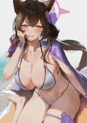 Rule 34 | 1girl, absurdres, animal ears, barefoot, bikini, black hair, blue archive, blue bow, blush, bow, breasts, cleavage, collarbone, double-parted bangs, flower, hair bow, hair flower, hair ornament, halo, halterneck, highres, large breasts, looking at viewer, navel, official alternate costume, parted lips, purple bow, revision, rororo, sideboob, smile, solo, stomach, string bikini, swimsuit, thigh strap, thighs, wakamo (blue archive), wakamo (swimsuit) (blue archive), white bikini, yellow eyes