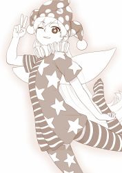 Rule 34 | 1girl, american flag dress, american flag legwear, clownpiece, dress, fairy wings, hat, jester cap, long hair, looking at viewer, monochrome, neck ruff, one eye closed, pantyhose, polka dot, poronegi, sepia, short dress, short sleeves, simple background, smile, solo, star-shaped pupils, star (symbol), star print, striped clothes, striped pantyhose, symbol-shaped pupils, teeth, touhou, v, very long hair, white background, wings