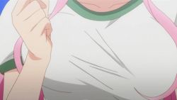 Rule 34 | 1girl, animated, animated gif, bouncing breasts, breasts, close-up, gym uniform, head out of frame, lala satalin deviluke, lowres, no bra, pink hair, solo, to love-ru
