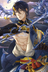 Rule 34 | 10s, 1boy, armor, blood, cuts, eyelashes, fighting, gloves, hair between eyes, hair ornament, holding, holding sword, holding weapon, injury, japanese clothes, light particles, lightning, looking at viewer, male focus, mikazuki munechika, monster, moon, night, night sky, pectorals, short hair, siyi (akeck), sky, solo, sword, touken ranbu, weapon