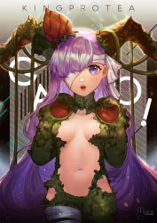 Rule 34 | 1girl, :o, bandage over one eye, breasts, character name, cowboy shot, fate/grand order, fate (series), gloves, highres, horns, kingprotea (fate), kingprotea (second ascension) (fate), long hair, looking at viewer, medium breasts, miothle, moss, navel, open mouth, purple eyes, purple hair, solo, standing