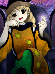 Rule 34 | 1girl, blonde hair, blush stickers, brown eyes, constellation print, detached sleeves, green skirt, head rest, highres, long hair, long sleeves, looking at viewer, matara okina, official style, open mouth, orange sleeves, orange tabard, parasite oyatsu, print tabard, sitting, skirt, smile, solo, tabard, touhou, wide sleeves, zun (style)