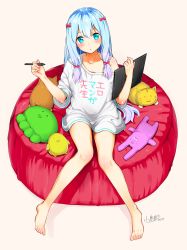 Rule 34 | 10s, 1girl, 2017, :o, adrenaline!!!, artist name, bare legs, barefoot, blue eyes, blue hair, blush, bow, clothes writing, collarbone, copyright name, cushion, drawing tablet, eromanga sensei, feet, grey background, hair between eyes, hair bow, hands up, holding, izumi sagiri, knees together feet apart, kojima saya, long hair, looking at viewer, off shoulder, parted lips, pink bow, shirt, signature, simple background, sitting, solo, stuffed animal, stuffed octopus, stuffed rabbit, stuffed tiger, stuffed toy, stylus, toes, white shirt
