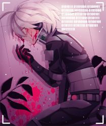 Rule 34 | 1boy, ahoge, android, arm support, binary, black jacket, blood, blood on face, blood on wall, cheer (cheerpuppy14), danganronpa (series), danganronpa v3: killing harmony, from side, grey hair, hand up, highres, jacket, k1-b0, male focus, pink blood, plant, potted plant, profile, seiza, short hair, sitting, translation request, wide-eyed