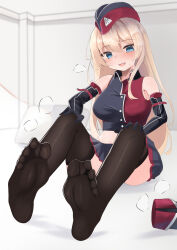 Rule 34 | 1girl, absurdres, blonde hair, blue eyes, blush, boots, unworn boots, commission, elbow gloves, f2000 (girls&#039; frontline), feet, girls&#039; frontline, gloves, hands on own knees, highres, long hair, looking at viewer, open mouth, pixiv commission, shoes, unworn shoes, single shoe, soles, steam, thighhighs, toes