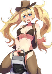 Rule 34 | 1girl, alternate costume, bikini, bikini top only, blonde hair, blue eyes, blush, breasts, brown vest, chaps, comala (komma la), cowboy hat, gambier bay (kancolle), hair between eyes, hairband, hat, highres, kantai collection, large breasts, long hair, open mouth, riding machine, simple background, sitting, solo, sweat, swimsuit, twintails, vest, cowboy western, white background