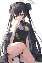 Rule 34 | 1girl, absurdres, black dress, black gloves, black hair, blue archive, breasts, butterfly hair ornament, china dress, chinese clothes, double bun, dragon print, dress, gloves, grey eyes, hair bun, hair ornament, halo, highres, kisaki (blue archive), long hair, looking at viewer, pelvic curtain, print dress, resolution mismatch, sleeveless, sleeveless dress, small breasts, solo, source smaller, three twosix, twintails