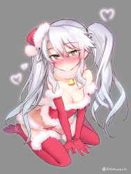 Rule 34 | 1girl, bare shoulders, bell, blush, breasts, christmas, cleavage, elbow gloves, full body, gloves, green eyes, grey background, hair between eyes, hair ornament, hat, heart, hitotose rin, long hair, looking at viewer, revision, santa costume, santa hat, sennen sensou aigis, sidelocks, silver hair, simple background, sitting, skull hair ornament, solo, sybilla, twintails, twitter username, very long hair, wariza