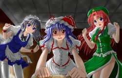 Rule 34 | 3girls, anger vein, anno9232, anno shin, apron, blouse, blue eyes, braid, breasts, ceiling, commentary request, female focus, foreshortening, from below, hands up, hat, hat ribbon, hong meiling, izayoi sakuya, leaning, light purple hair, long hair, looking at viewer, maid, maid apron, maid headdress, multiple girls, open mouth, pov, puffy sleeves, red eyes, red hair, remilia scarlet, ribbon, shirt, short sleeves, silver hair, skirt, smile, star (symbol), thighhighs, touhou, twin braids, vest, wrist cuffs