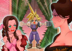 Rule 34 | 1boy, 2girls, aerith gainsborough, anger vein, angry, bare shoulders, blonde hair, blood, blush, bow, breasts, brown hair, china dress, chinese clothes, cleavage, cloud strife, curtains, dress, dressing room, final fantasy, final fantasy vii, final fantasy vii remake, green eyes, hair bow, jacket, jewelry, low poly, madam m, multiple girls, necklace, nosebleed, shaded face, strap slip, sweatdrop, undressing, wall market