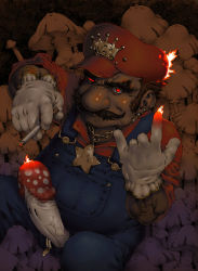 Rule 34 | 1boy, \n/, arm hair, arm up, bad id, bad pixiv id, brown hair, burning, censored, chain, chest hair, cigarette, closed mouth, creepy, dark, ear piercing, earrings, erection, facial hair, fat mons, fire, fly agaric, frilled gloves, frills, gloves, glowing, glowing eyes, goatee, gold chain, hand up, hat, highres, holding, holding cigarette, horror (theme), huge penis, jewelry, looking at viewer, m/, male focus, mario, mario (series), medal, medallion, mosaic censoring, multiple piercings, muscular, mushroom, mustache, nintendo, nose, open fly, overalls, penis, piercing, pocket, pointless censoring, red eyes, red hat, single letter, sitting, solo, super mushroom, super star (mario), tamo imai, thick eyebrows, ugly man, unzipped, veins, veiny penis, white gloves, zipper, zipper pull tab, | |