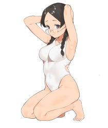 Rule 34 | 1girl, 2l (2lsize), armpits, bare legs, black hair, braid, breasts, closed mouth, collarbone, competition school swimsuit, competition swimsuit, full body, highleg, highleg swimsuit, highres, kneeling, looking at viewer, medium breasts, one-piece swimsuit, original, purple eyes, round eyewear, school swimsuit, simple background, solo, swimsuit, thighs, twin braids, white background, white one-piece swimsuit