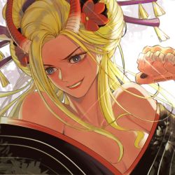 Rule 34 | 1girl, artist name, bare shoulders, black kimono, black maria (one piece), blonde hair, blue eyes, brass knuckles, breasts, cleavage, commentary, english commentary, eyelashes, flower, hair flower, hair ornament, hair up, happy, highres, horns, japanese clothes, kimono, long hair, mygiorni, one piece, smile, solo, twitter username, weapon