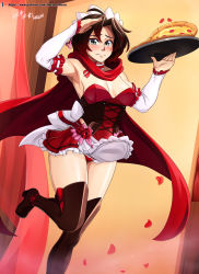 Rule 34 | 1girl, absurdres, armpits, bare shoulders, black hair, blush, boots, breasts, choker, cleavage, detached sleeves, dress, flower, food, gradient hair, hair between eyes, high heels, highres, holding, holding food, holding pizza, holding tray, looking at viewer, maid, maid headdress, medium breasts, multicolored hair, one eye closed, pizza, red hair, rose, ruby rose, rwby, salute, short dress, short hair, smile, solo, standing, thigh boots, thighhighs, tray, two-tone hair, underwear, vilde loh hocen, watermark, web address, zsky