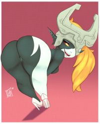 Rule 34 | 1girl, ass, bent over, blonde hair, border, breasts, cleft of venus, colored sclera, colored skin, fang, helmet, high heels, highres, huge ass, image sample, l-a-v, long hair, looking back, medium breasts, midna, monster girl, multicolored skin, nintendo, nude, one eye covered, open mouth, pink background, pointy ears, pussy, red eyes, smile, solo, teeth, the legend of zelda, the legend of zelda: twilight princess, thick thighs, thighs, tongue, tumblr sample, uncensored, upper teeth only, white border, yellow sclera