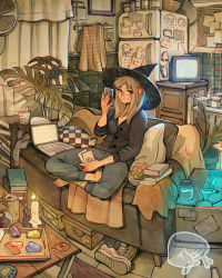 Rule 34 | 1girl, black hat, black sweater, brown hair, candle, card, computer, couch, glasses, hat, highres, holding, holding card, indoors, laptop, long hair, long sleeves, looking at viewer, original, refrigerator, rimless eyewear, round eyewear, simz, sitting, solo, sweater, tarot, television, witch hat