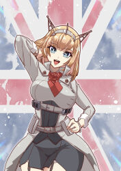Rule 34 | 1girl, ascot, belt, blonde hair, blue eyes, cowboy shot, flower, grey belt, hand on own hip, headgear, highres, kantai collection, long sleeves, looking at viewer, military uniform, open mouth, red ascot, red flower, red rose, rodney (kancolle), rose, short hair, smile, solo, tsun&#039;ichi (tsun1), uniform, union jack