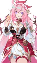 Rule 34 | 1girl, :t, absurdres, bell, braid, branch, breasts, closed mouth, commentary request, dress, eating, elysia (honkai impact), flower, food, food on face, hair bell, hair between eyes, hair flower, hair intakes, hair ornament, hand up, highres, holding, holding food, honkai (series), honkai impact 3rd, long hair, long sleeves, looking at viewer, medium breasts, pink flower, pink hair, pointy ears, puffy long sleeves, puffy sleeves, purple eyes, simple background, single braid, solo, symbol-shaped pupils, very long hair, white background, white dress, white flower, xinliu asato