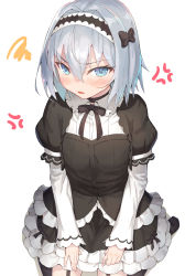 Rule 34 | 10s, 1girl, anger vein, bad id, bad pixiv id, black bow, black dress, black thighhighs, blue eyes, blush, bow, commentary request, dress, fingernails, garter straps, gothic lolita, hair between eyes, hair bow, hairband, highres, jonsun, layered sleeves, lolita fashion, long sleeves, looking at viewer, no shoes, nose blush, parted lips, puffy short sleeves, puffy sleeves, ryuuou no oshigoto!, short over long sleeves, short sleeves, silver hair, sitting, sleeves past wrists, solo, sora ginko, squiggle, thighhighs, wariza, white background